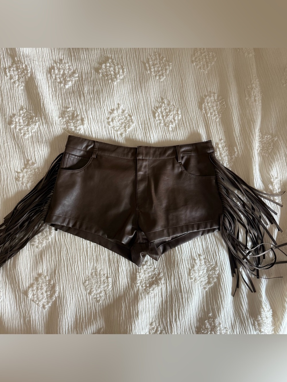 Brown Faux Leather Fringe Women’s Micro Shorts, size L